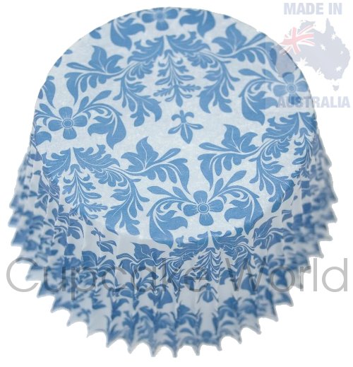 LOVELY BLUE FLORAL DAMASK PAPER MUFFIN CUPCAKE CASES 50PCS - Click Image to Close